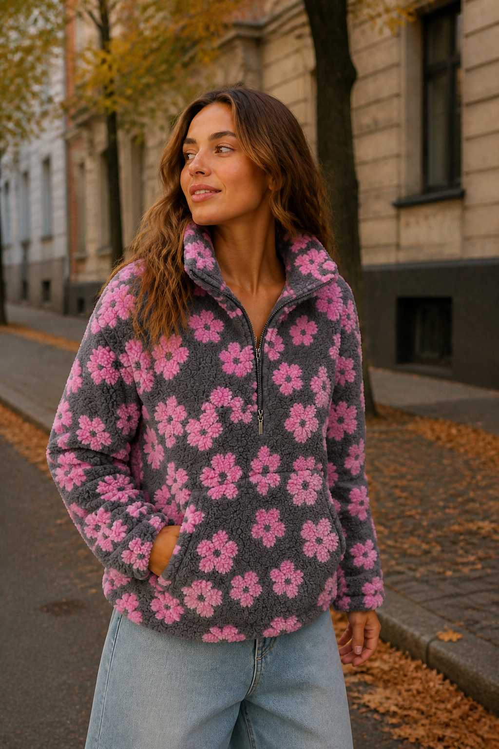 Fleece Pullover mit Blumenmuster