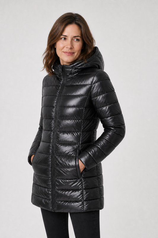 Lange Pufferjacke mit Glanzoptik