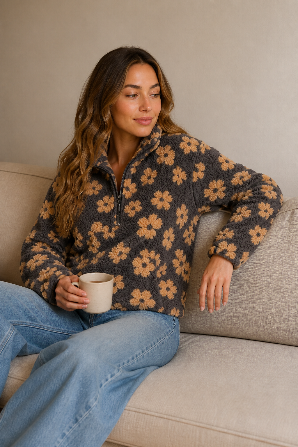 Fleece Pullover mit Blumenmuster
