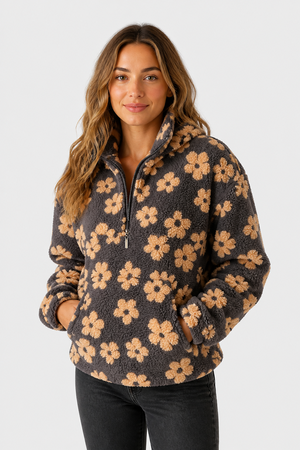 Fleece Pullover mit Blumenmuster
