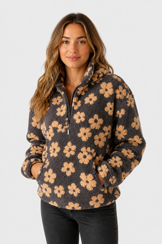 Fleece Pullover mit Blumenmuster