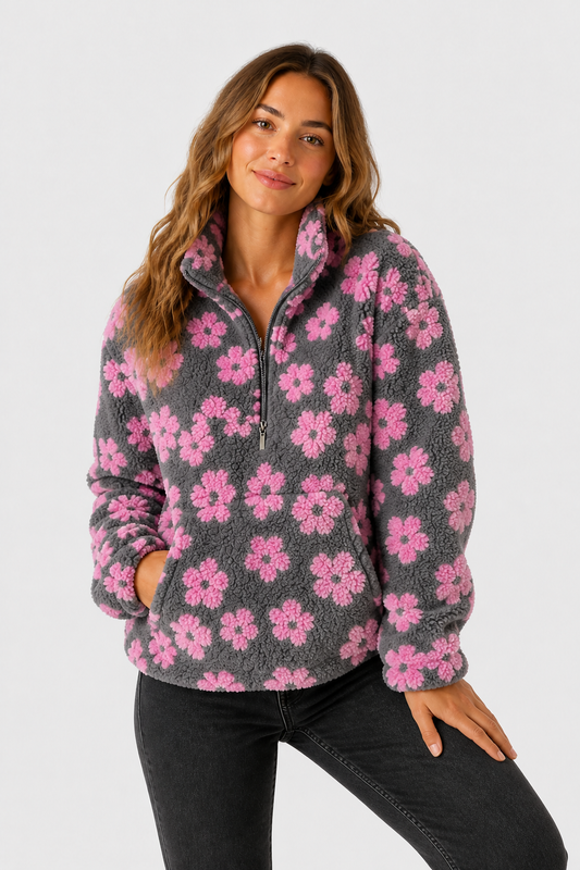 Fleece Pullover mit Blumenmuster