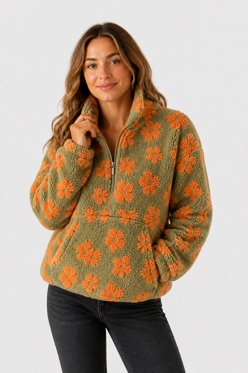 Fleece Pullover mit Blumenmuster