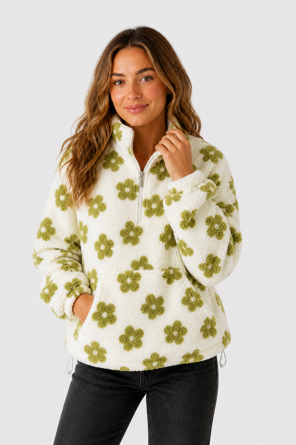 Fleece Pullover mit Blumenmuster