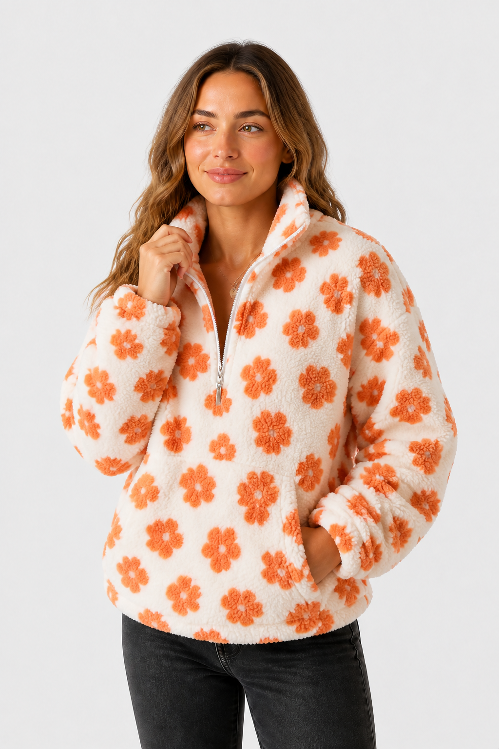 Fleece Pullover mit Blumenmuster