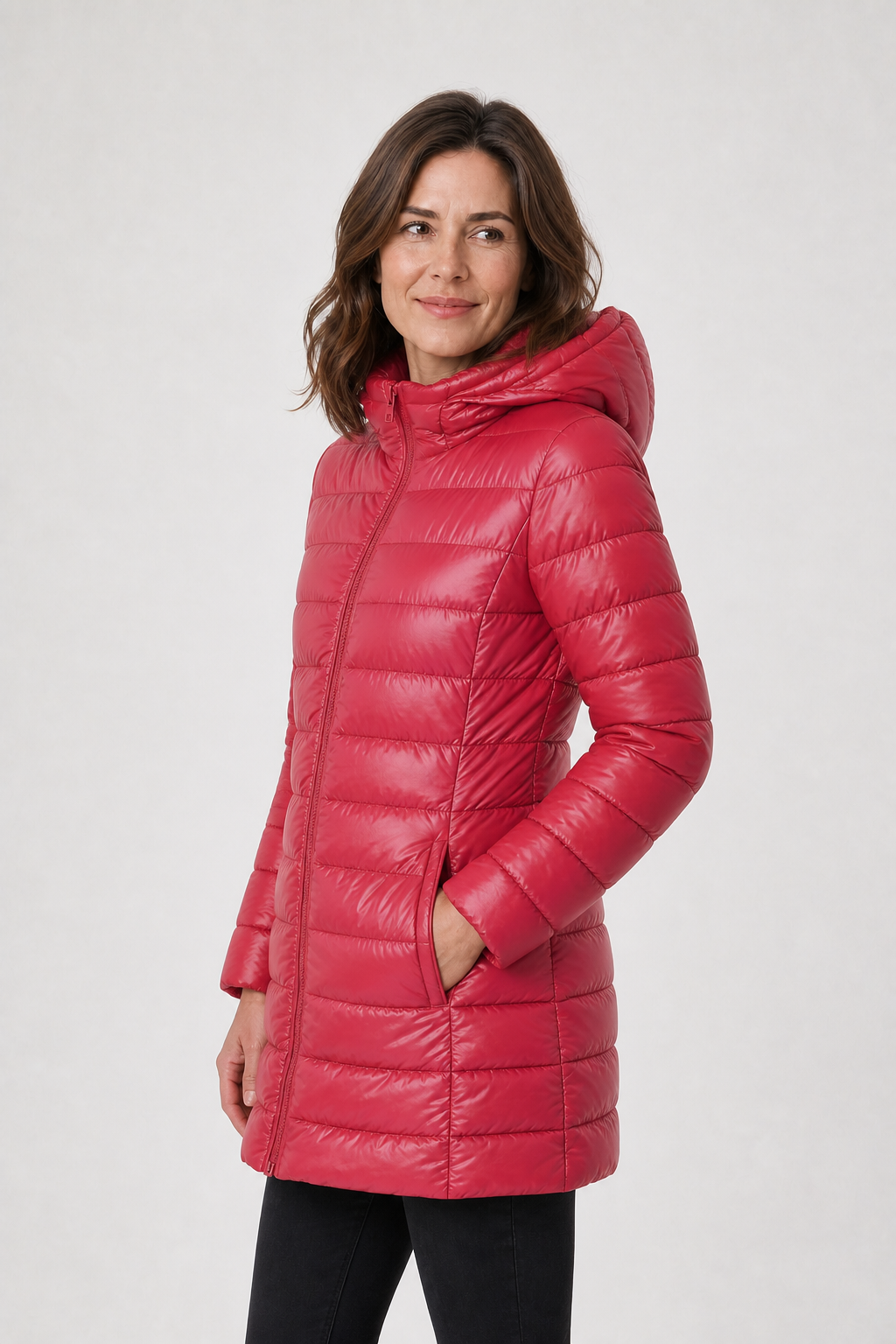 Lange Pufferjacke mit Glanzoptik